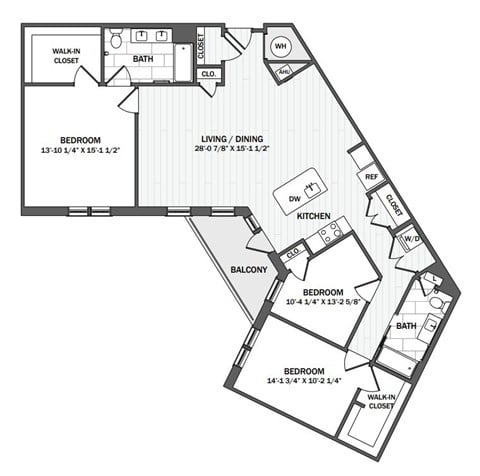 Floor plan for 3 beds, 2 baths, 1551 sqft